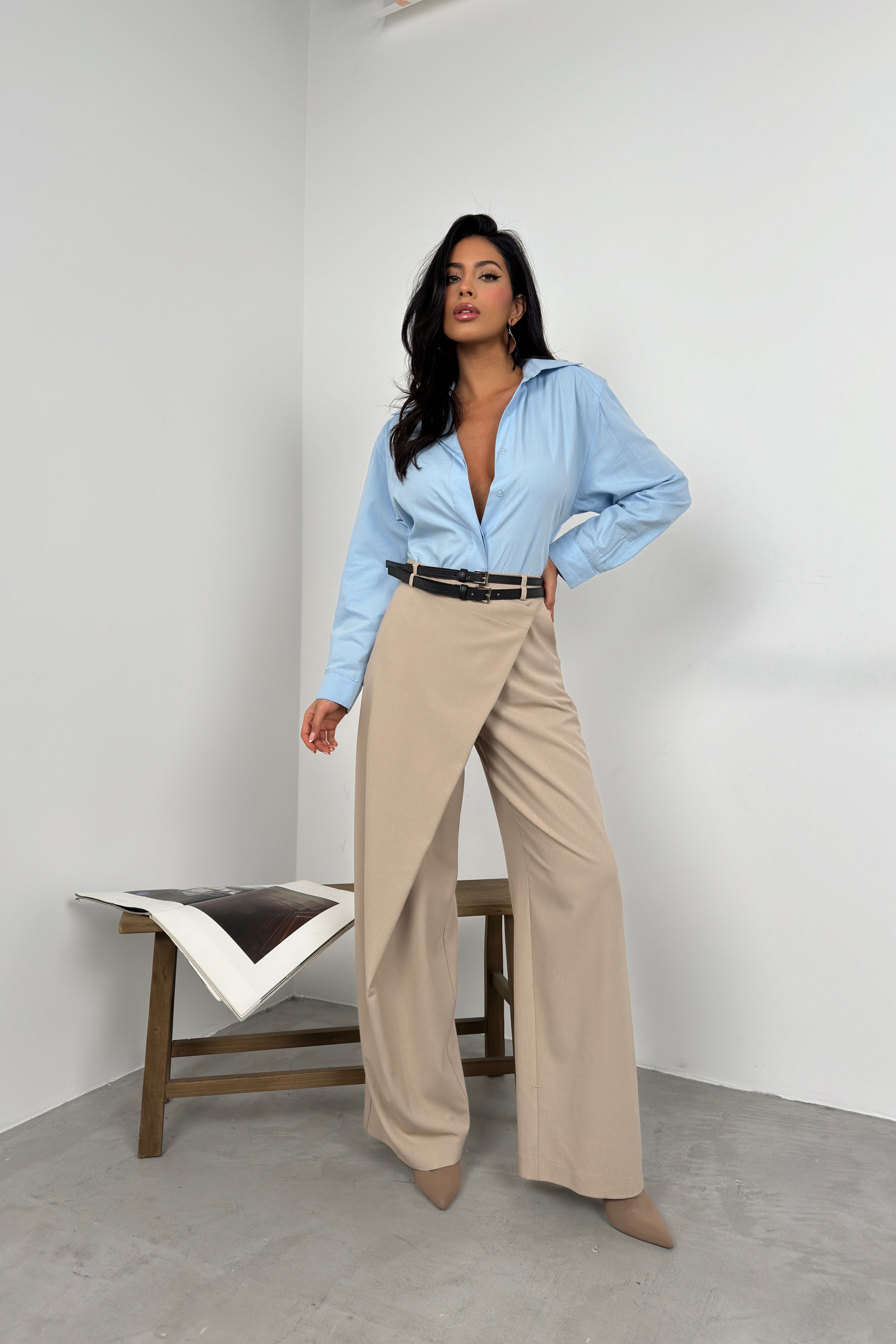 Asymmetric Double Waistted Beige Pants