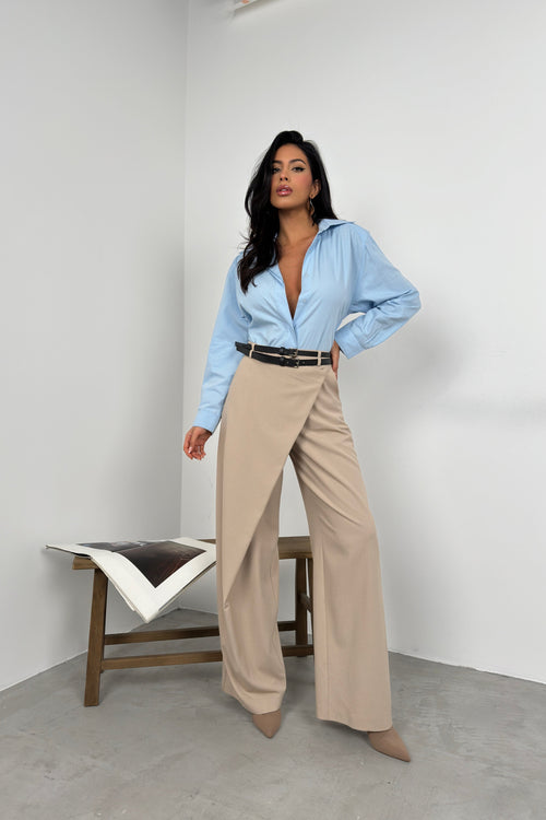 Asymmetric Double Waistted Beige Pants