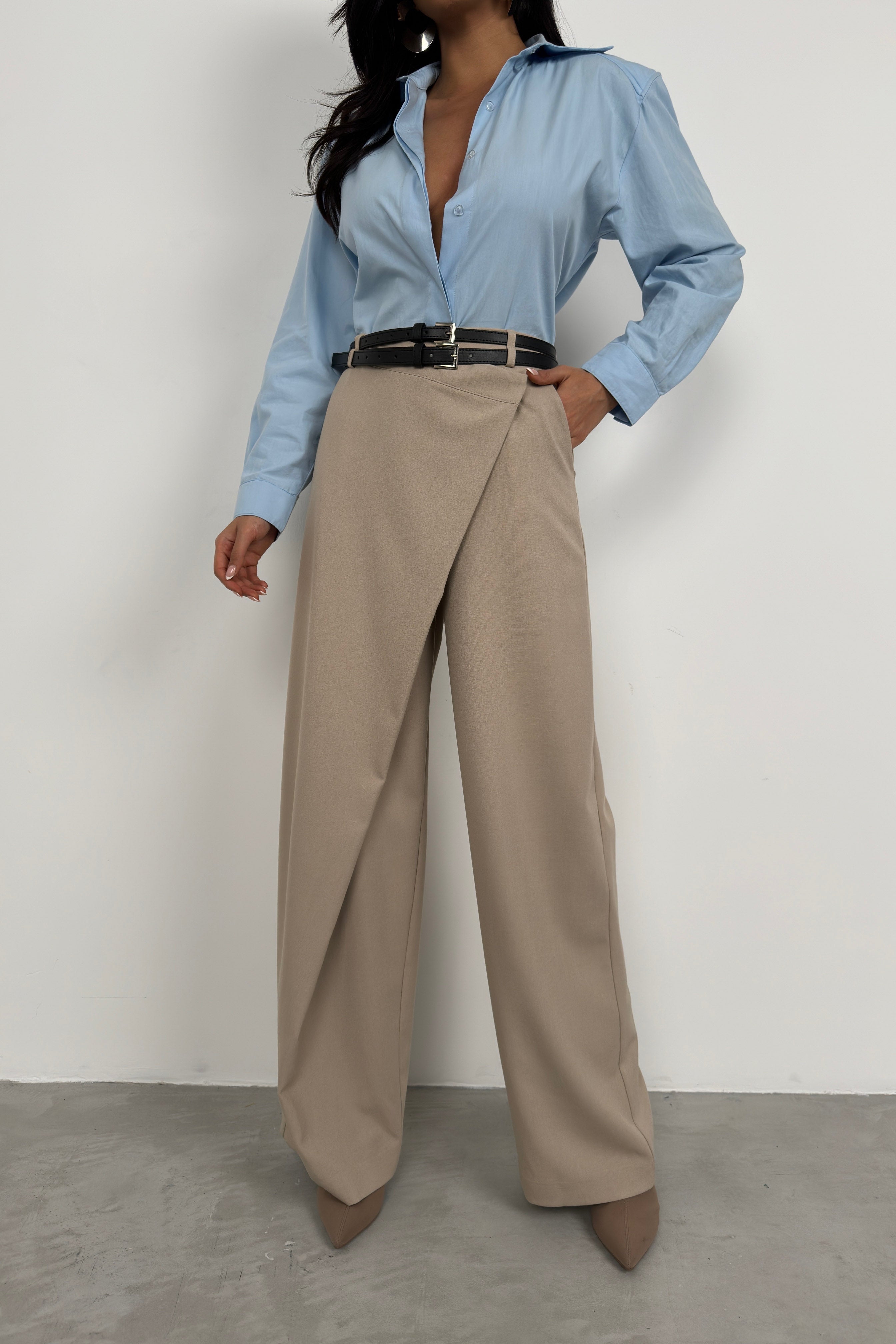 Asymmetric Double Waistted Beige Pants