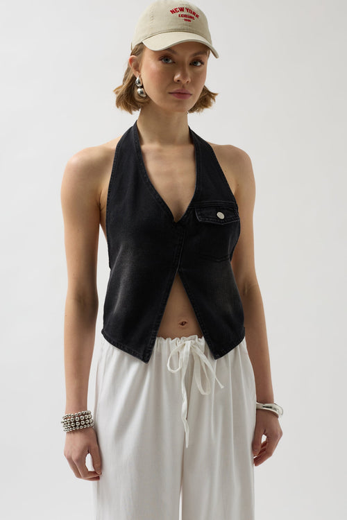 Asymmetric Denim Black Vest
