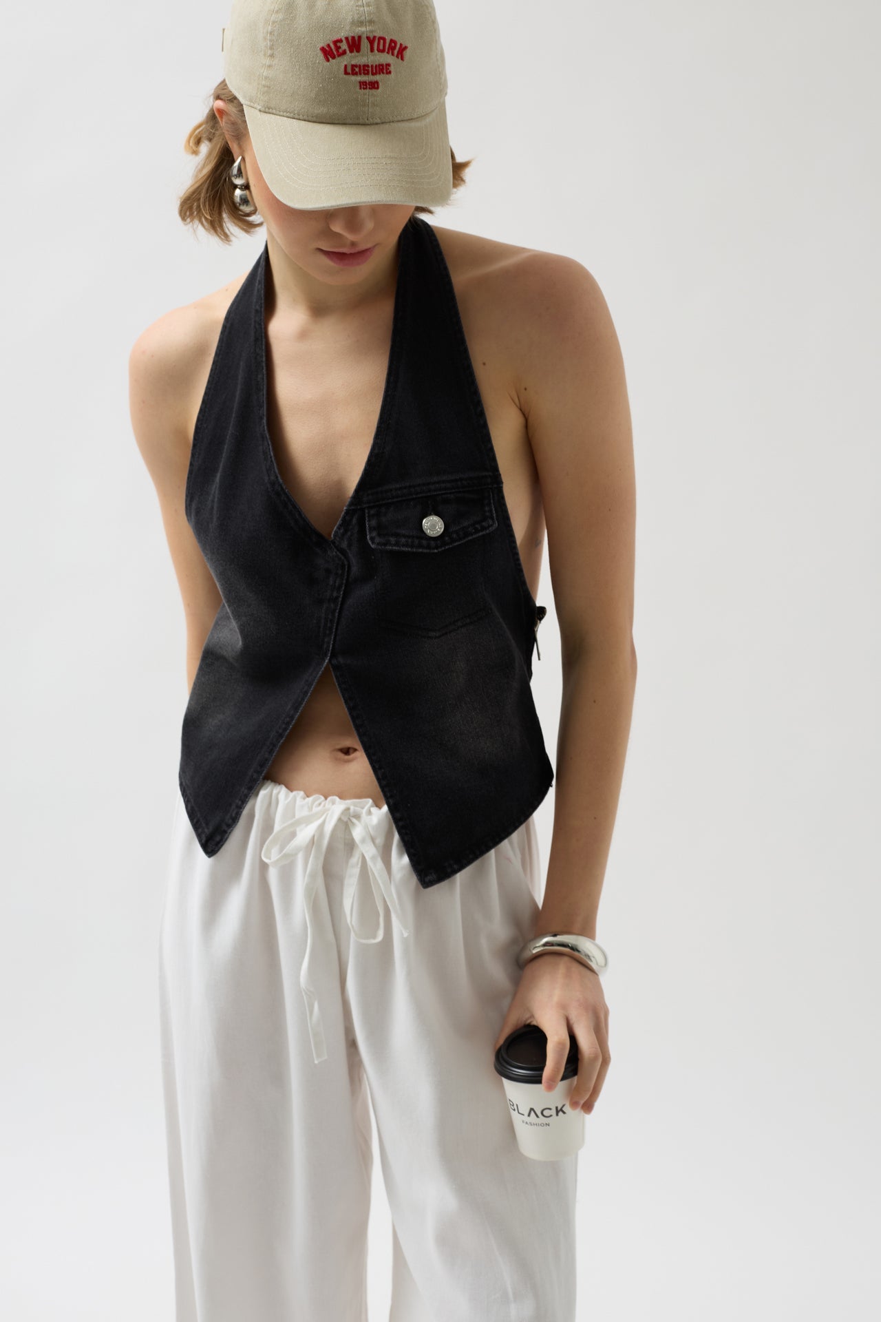Asymmetric Denim Black Vest