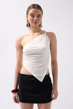 Asymmetric Detail One Shoulder White Blouse