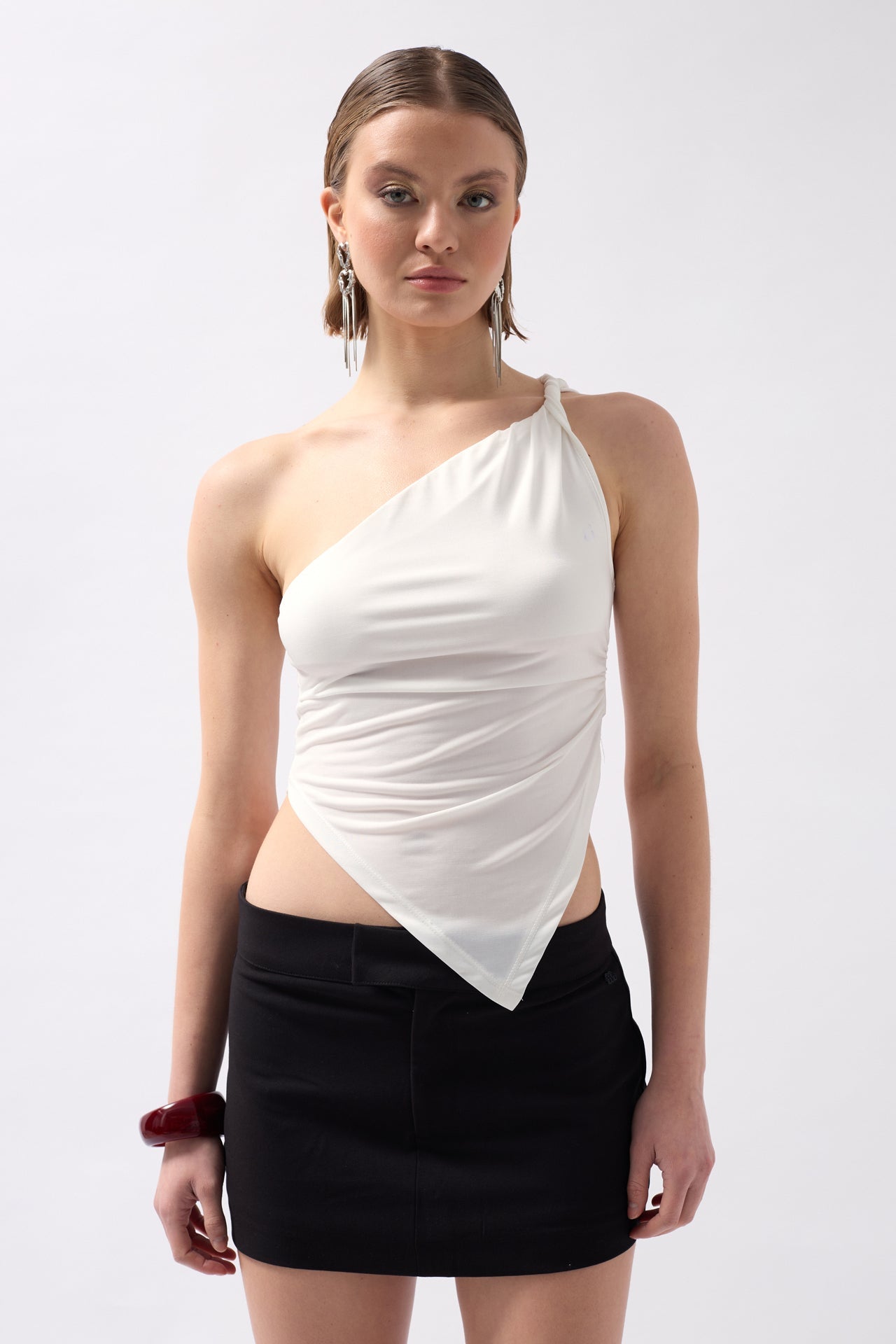 Asymmetric Detail One Shoulder White Blouse