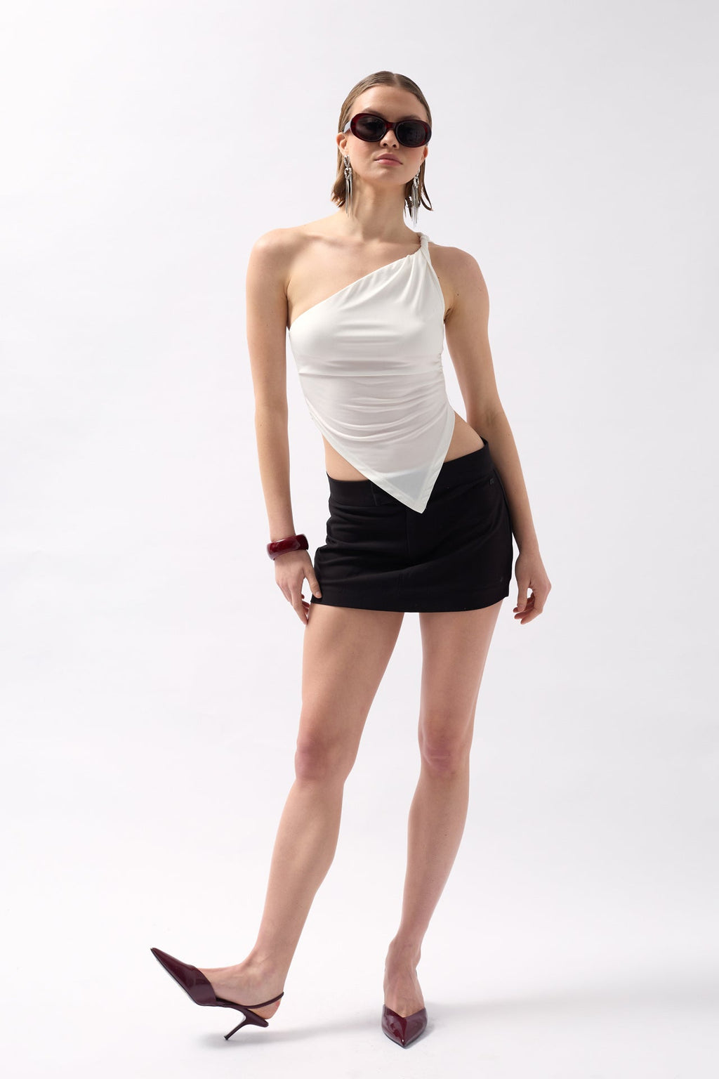 Asymmetric Detail One Shoulder White Blouse
