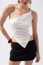 Asymmetric Detail One Shoulder White Blouse