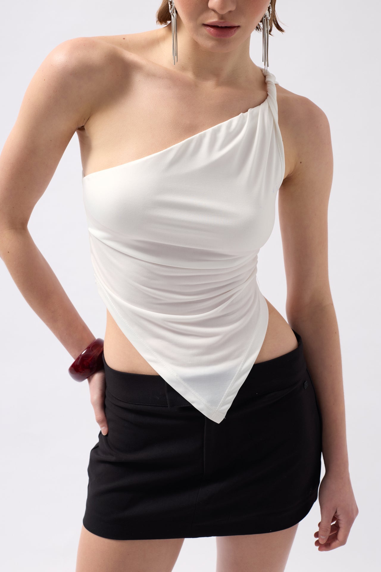 Asymmetric Detail One Shoulder White Blouse