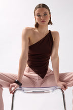 Asymmetric Detail One Shoulder Brown Blouse