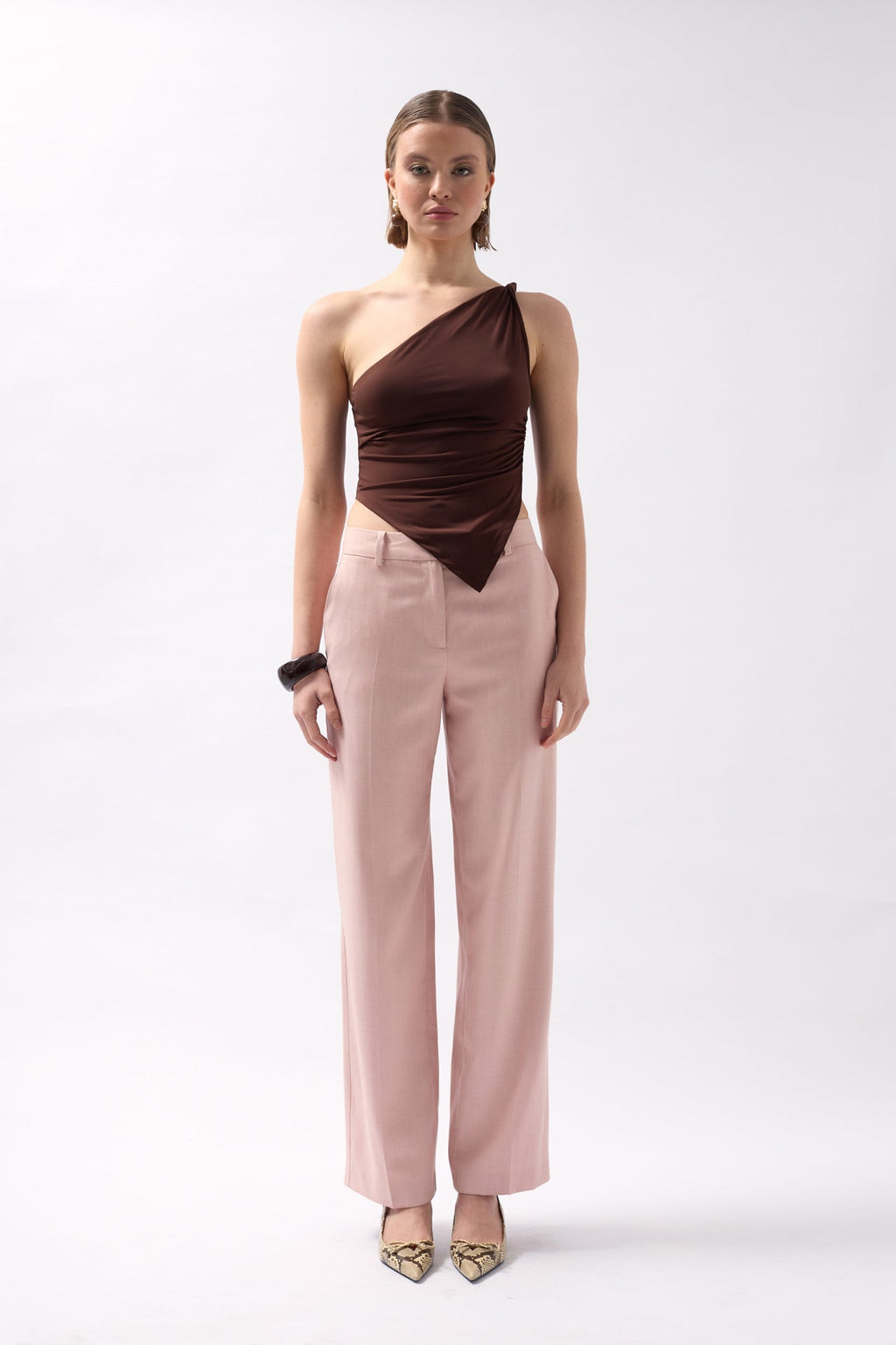 Asymmetric Detail One Shoulder Brown Blouse