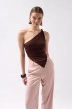 Asymmetric Detail One Shoulder Brown Blouse