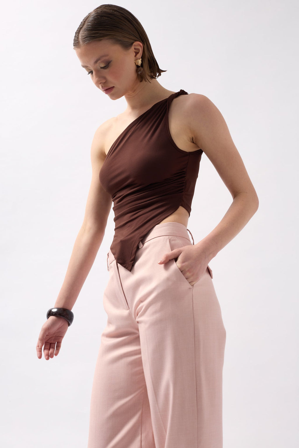 Asymmetric Detail One Shoulder Brown Blouse