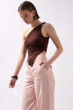 Asymmetric Detail One Shoulder Brown Blouse