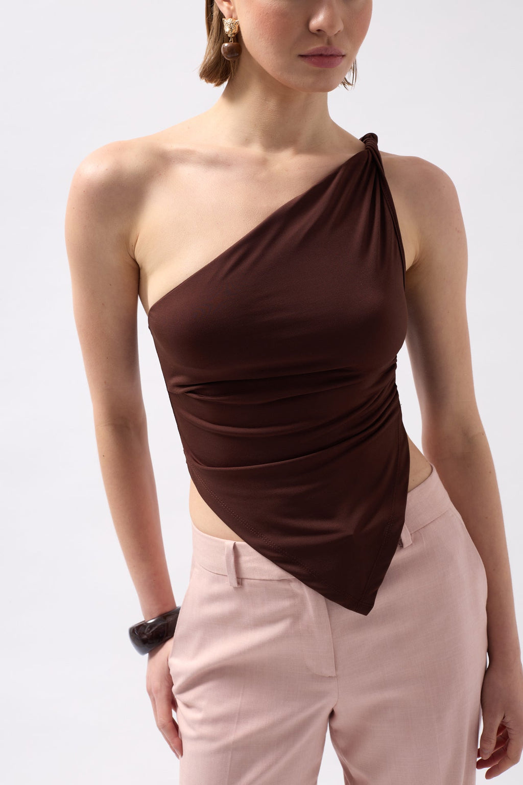 Asymmetric Detail One Shoulder Brown Blouse