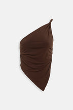 Asymmetric Detail One Shoulder Brown Blouse