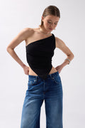 Asymmetric Detail One Shoulder Black Blouse