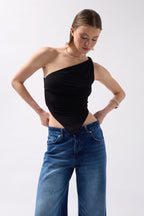 Asymmetric Detail One Shoulder Black Blouse
