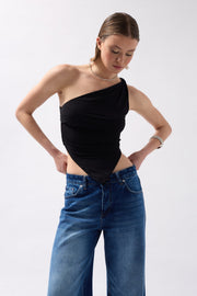 Asymmetrical Detail One Shoulder Black Blouse