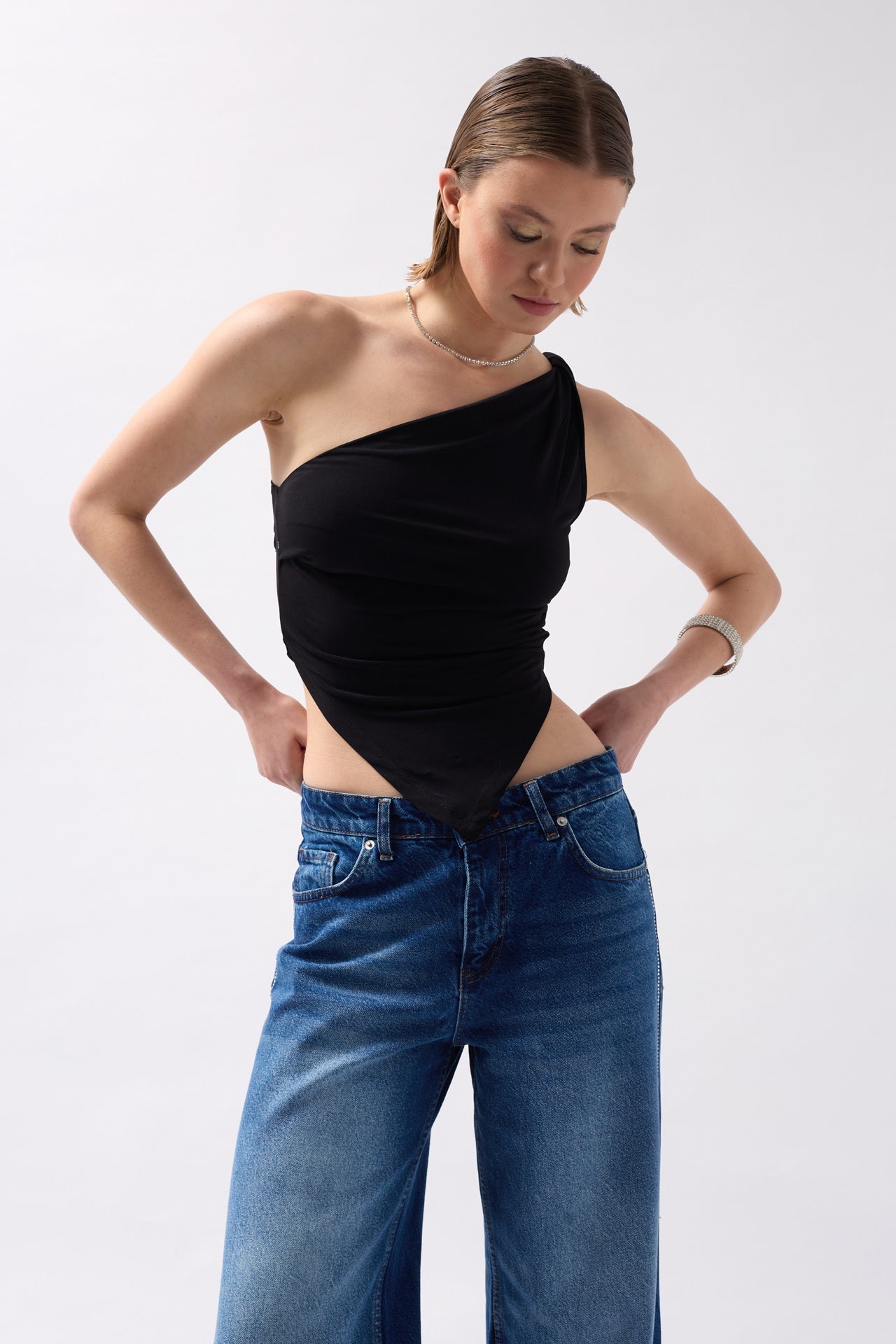 Asymmetric Detail One Shoulder Black Blouse