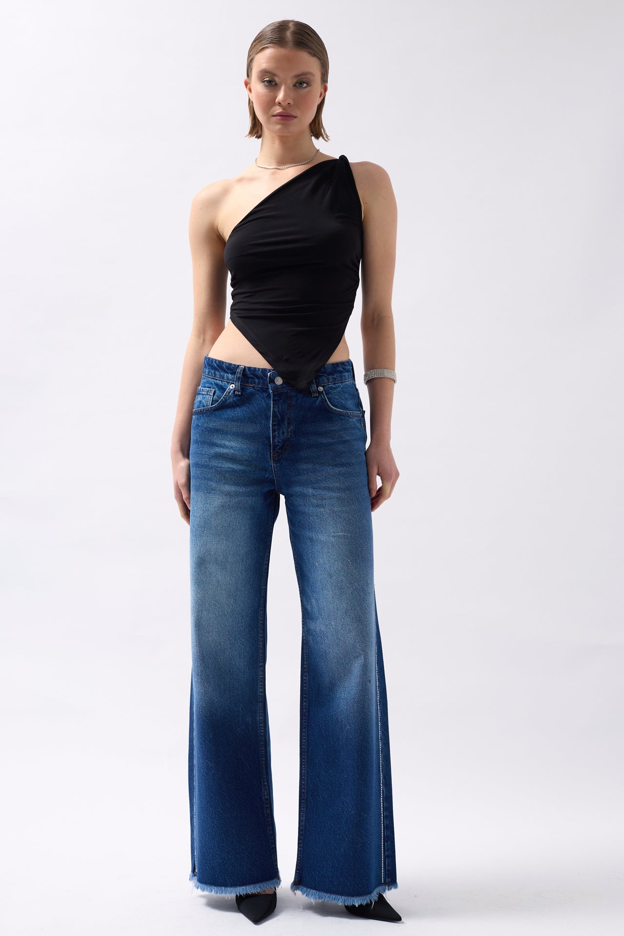 Asymmetric Detail One Shoulder Black Blouse