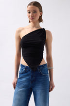 Asymmetric Detail One Shoulder Black Blouse