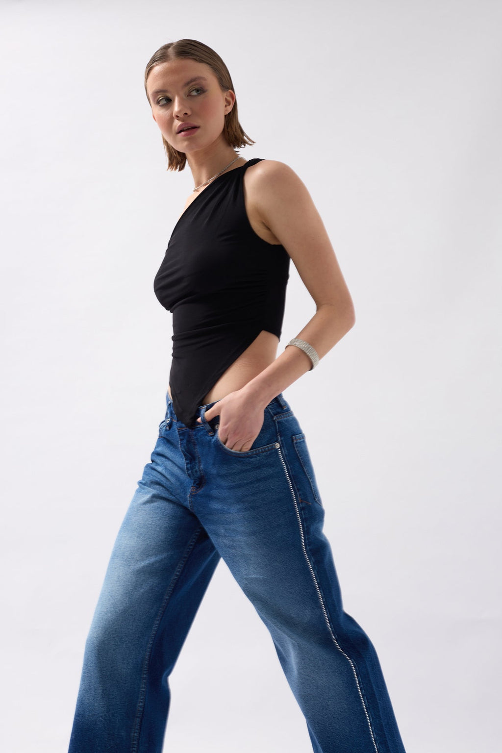 Asymmetric Detail One Shoulder Black Blouse