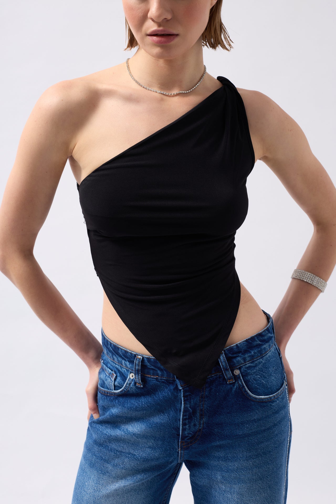 Asymmetric Detail One Shoulder Black Blouse