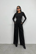 Asymmetric Button Detay Long Sleeve Black Blouse