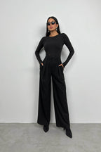 Asymmetric Button Detay Long Sleeve Black Blouse