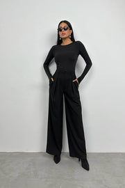 Asymmetric Button Detail Long Sleeve Black Blouse