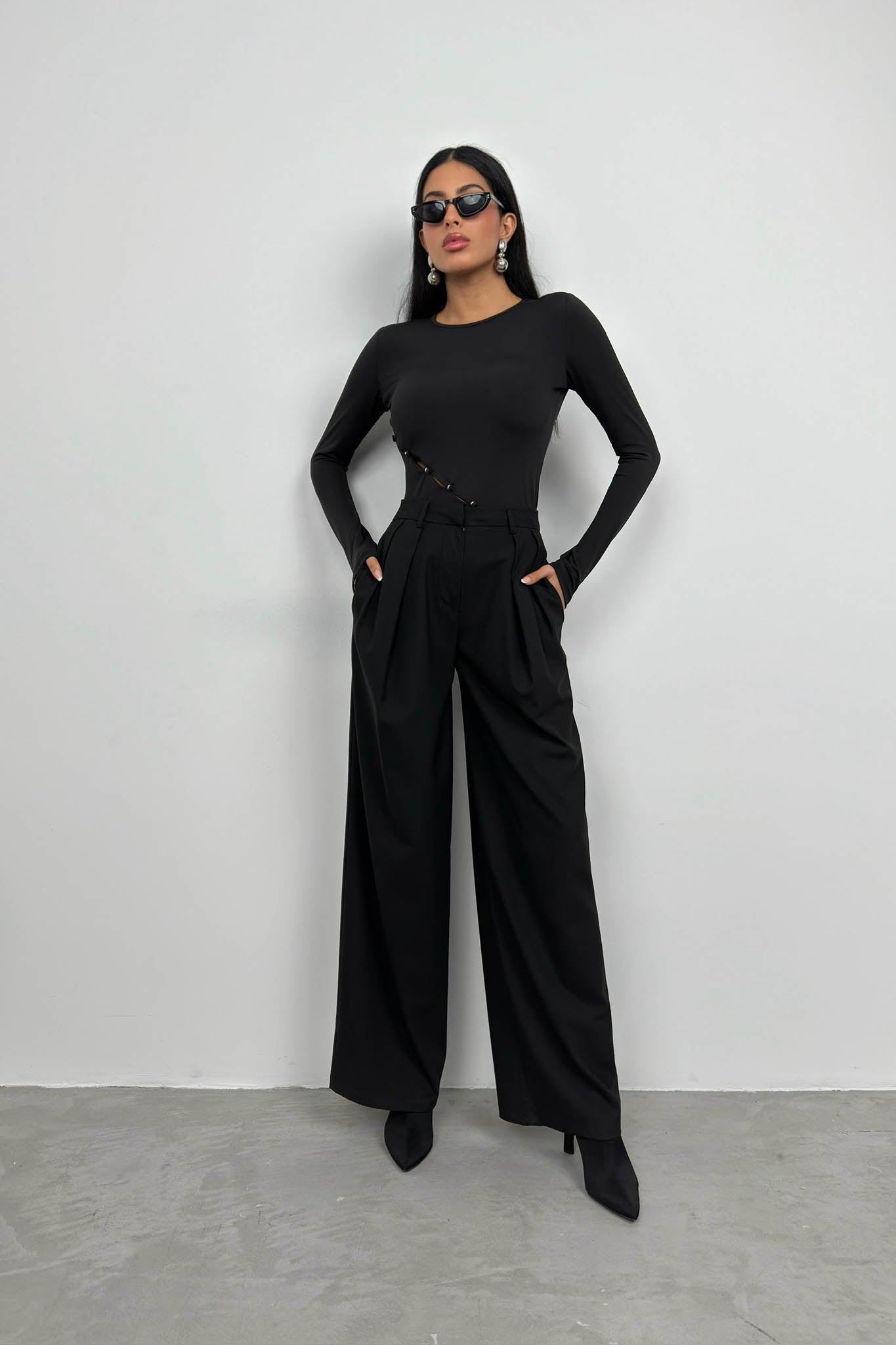 Asymmetric Button Detay Long Sleeve Black Blouse