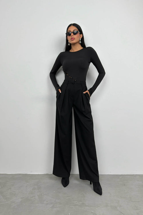 Asymmetric Button Detay Long Sleeve Black Blouse