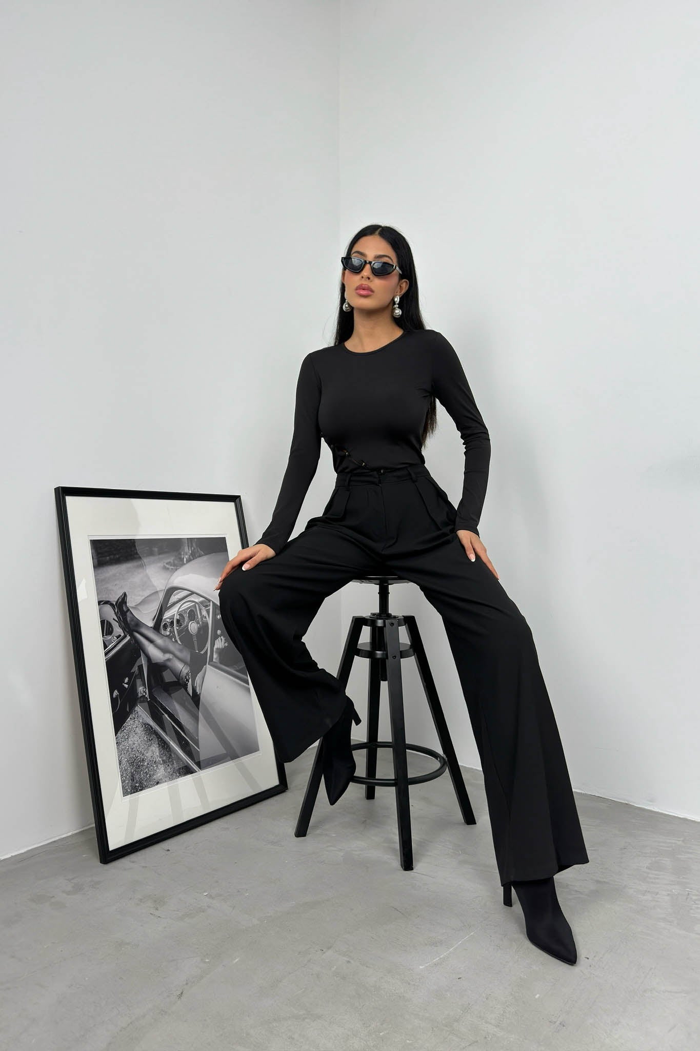 Asymmetric Button Detay Long Sleeve Black Blouse