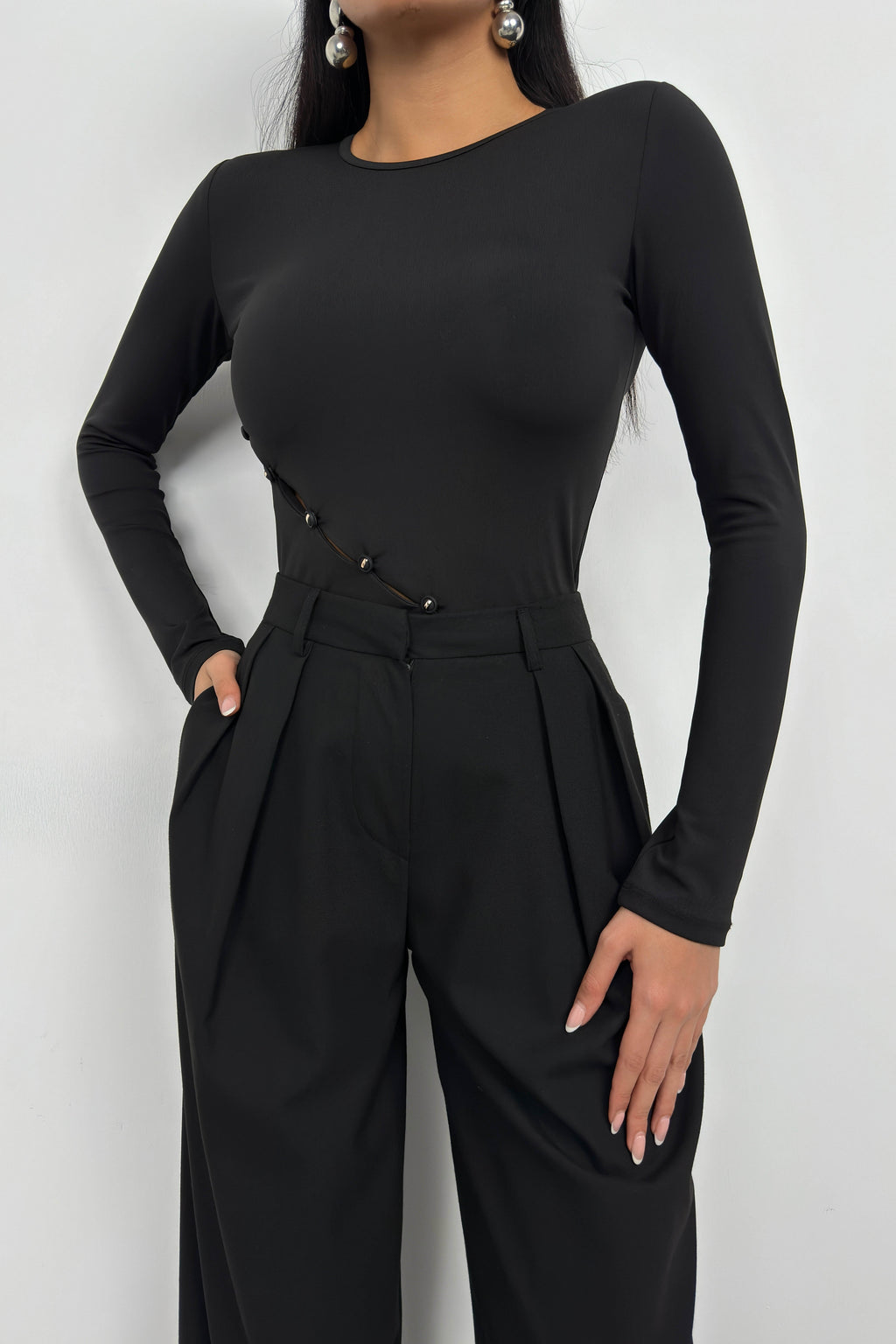 Asymmetric Button Detay Long Sleeve Black Blouse