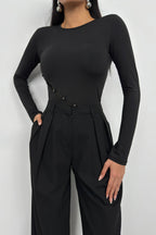 Asymmetric Button Detay Long Sleeve Black Blouse