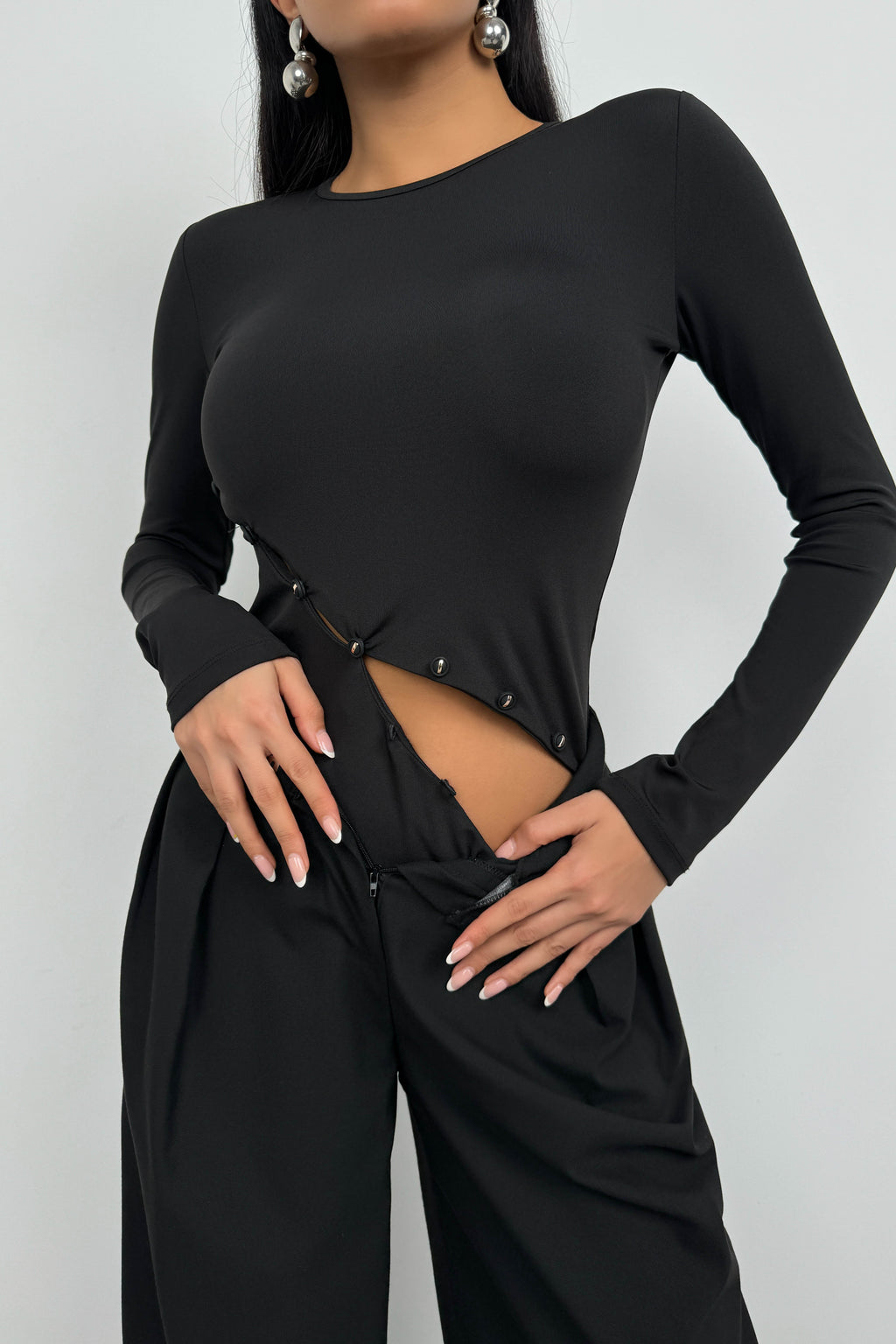 Asymmetric Button Detay Long Sleeve Black Blouse