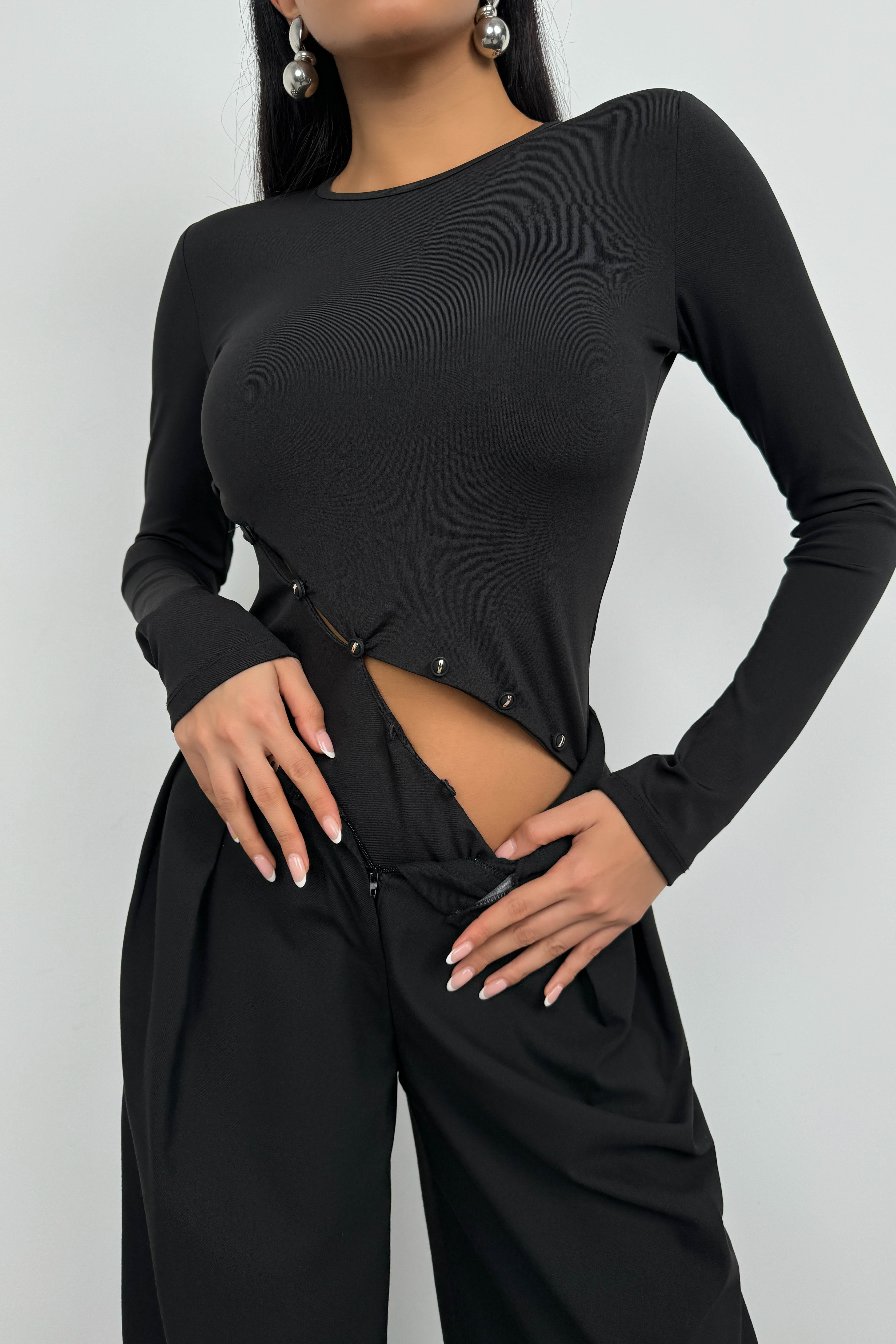 Asymmetric Button Detay Long Sleeve Black Blouse