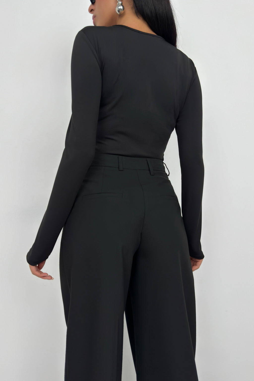 Asymmetric Button Detay Long Sleeve Black Blouse