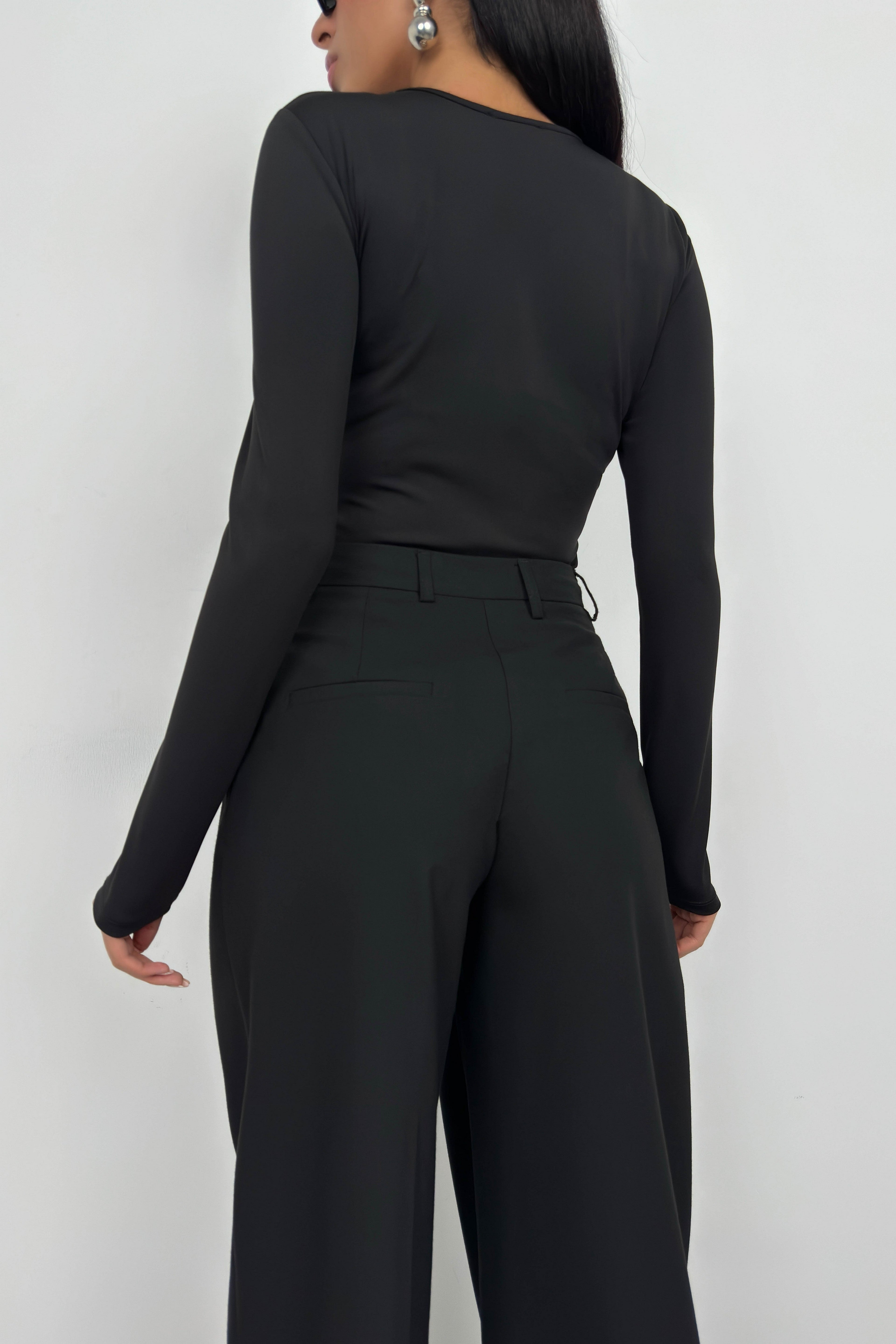 Asymmetric Button Detay Long Sleeve Black Blouse