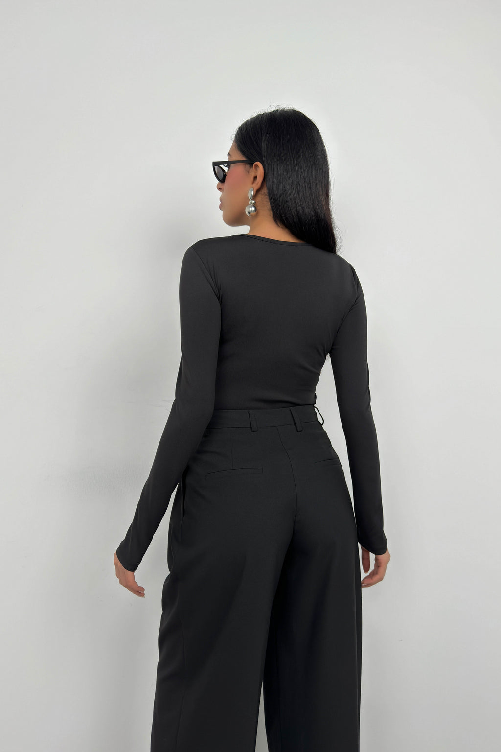Asymmetric Button Detay Long Sleeve Black Blouse