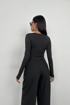 Asymmetric Button Detay Long Sleeve Black Blouse