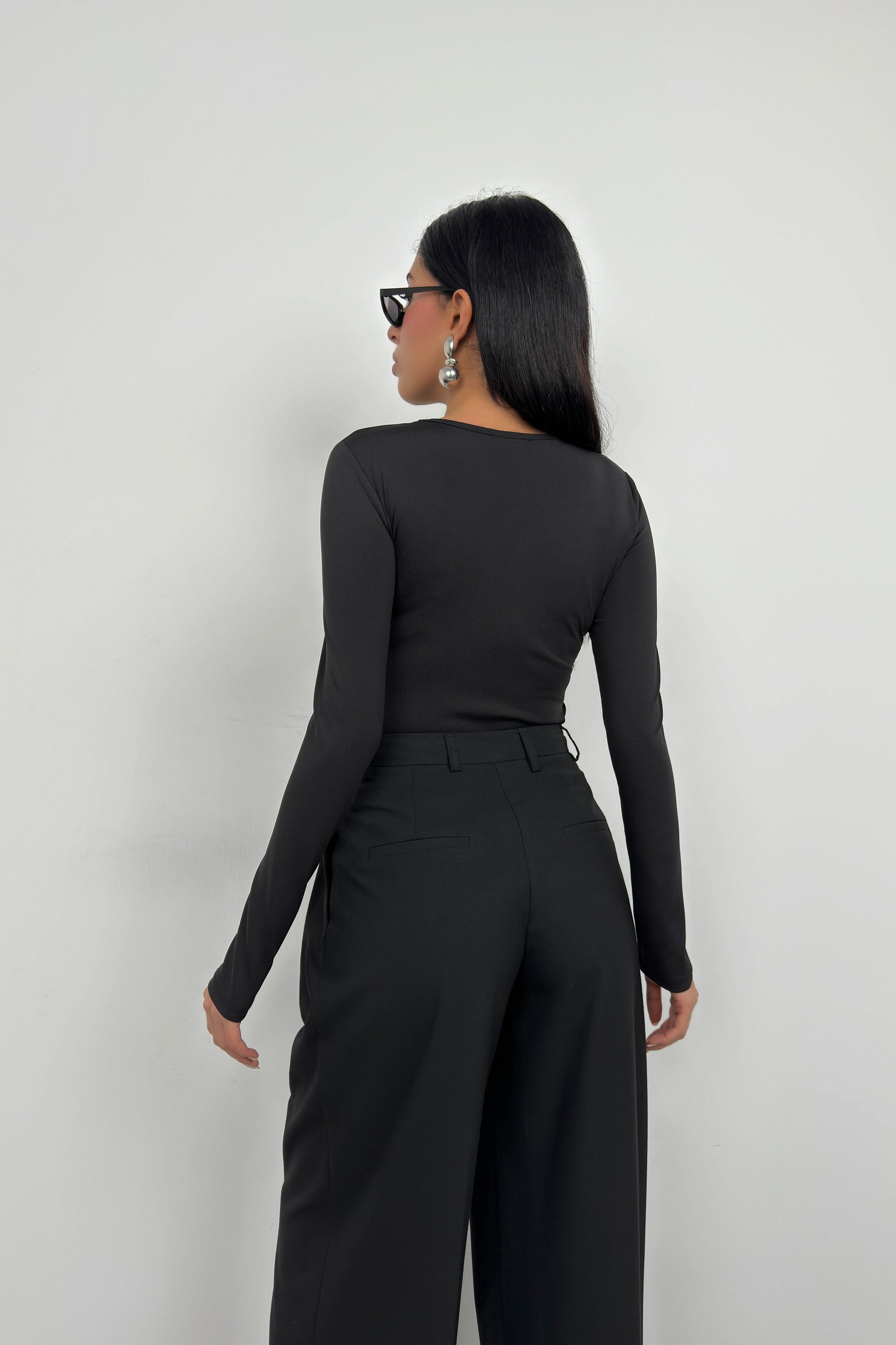 Asymmetric Button Detay Long Sleeve Black Blouse