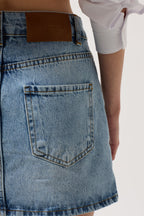 Asymmetric Kemer Denim Mini Blue Skirt