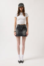 Asymmetric Waistt Denim Mini Black Skirt