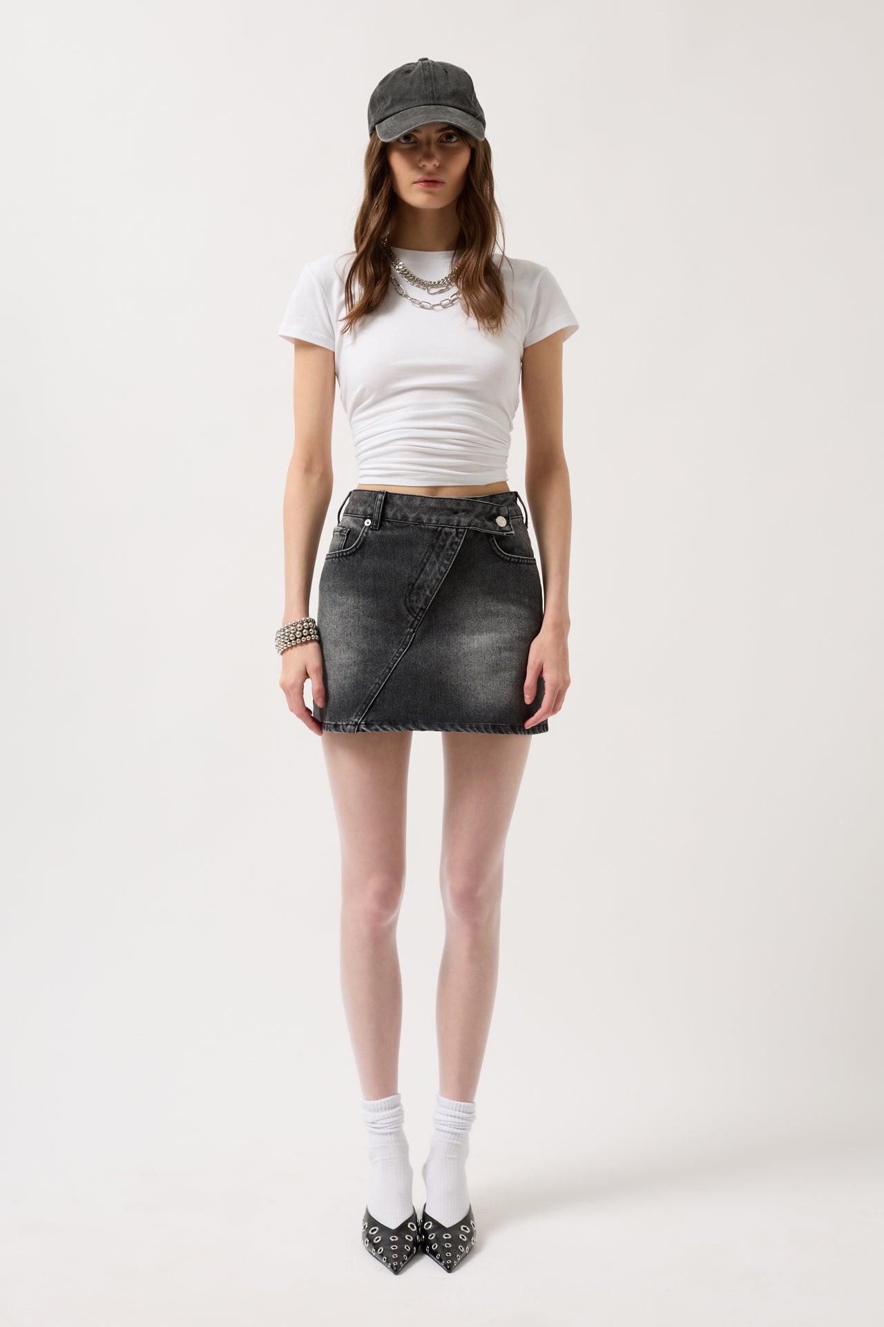 Asymmetric Waistt Denim Mini Black Skirt