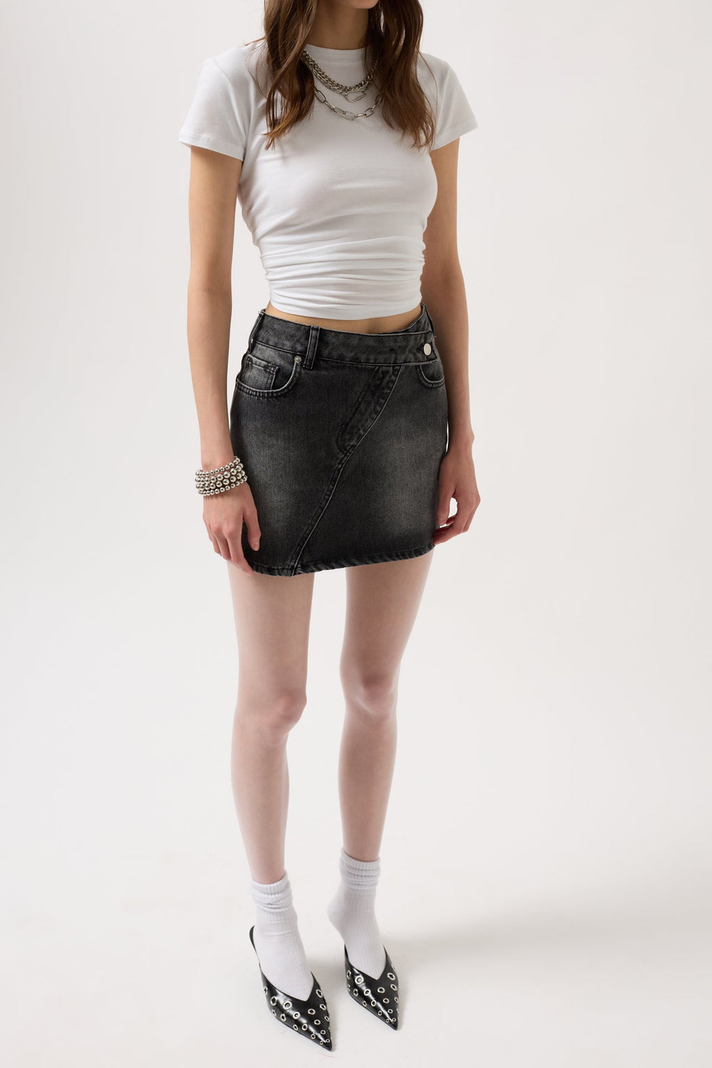 Asymmetric Waistt Denim Mini Black Skirt
