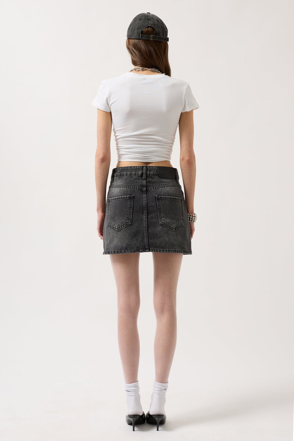 Asymmetric Waistt Denim Mini Black Skirt