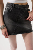 Asymmetric Waistt Denim Mini Black Skirt