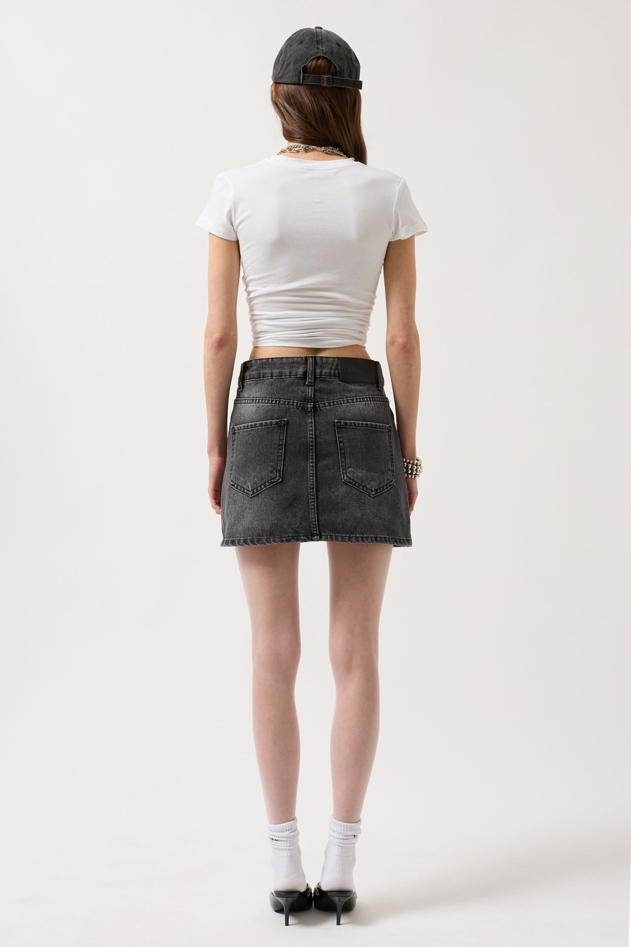 Asymmetric Waistt Denim Mini Black Skirt