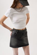 Asymmetric Waistt Denim Mini Black Skirt