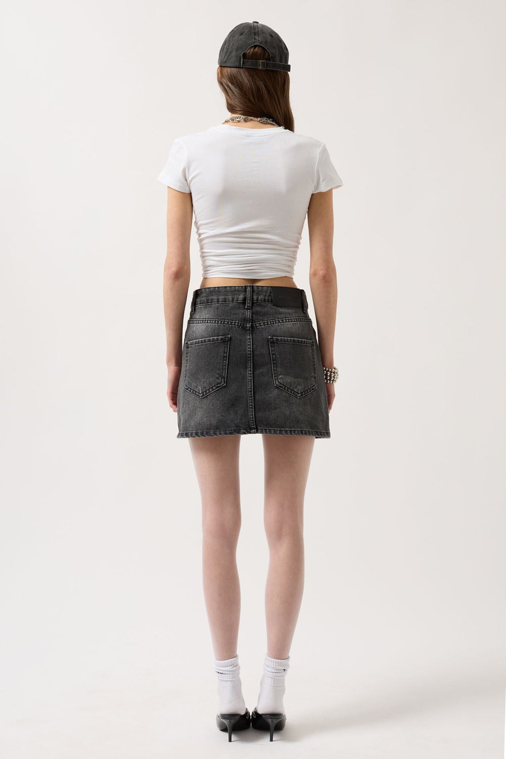 Asymmetric Waistt Denim Mini Black Skirt