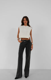 Asymmetrical Belted Leg Slit Black Jeans